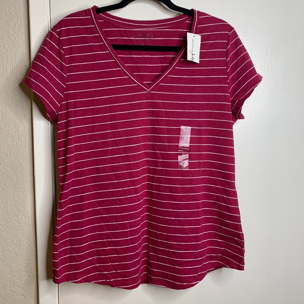 Maison Jules Striped V-Neck Top Wild Cherry Large